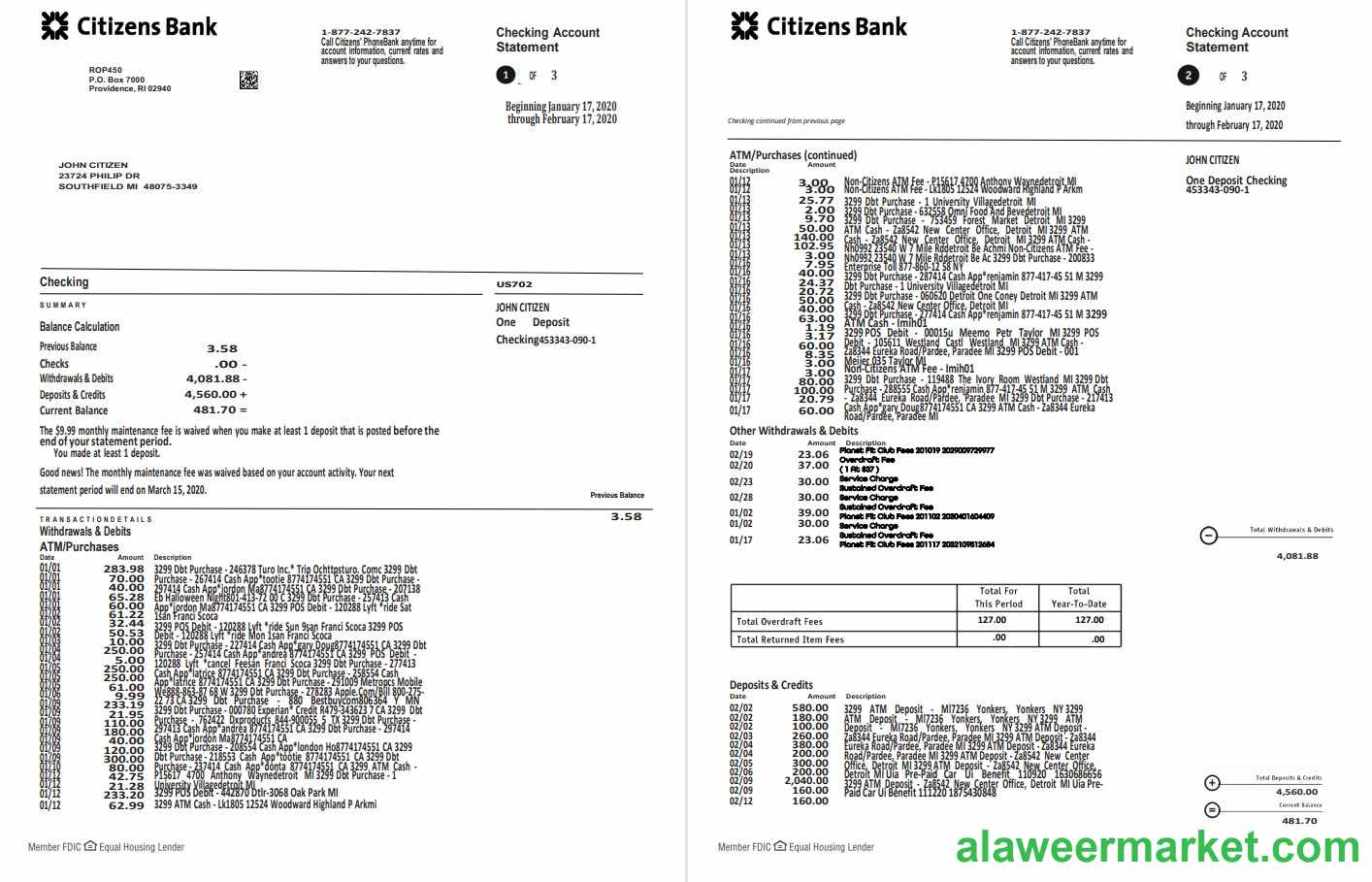 USA Citizens bank statement template in Word and PDF format, (4 pages) good for address prove